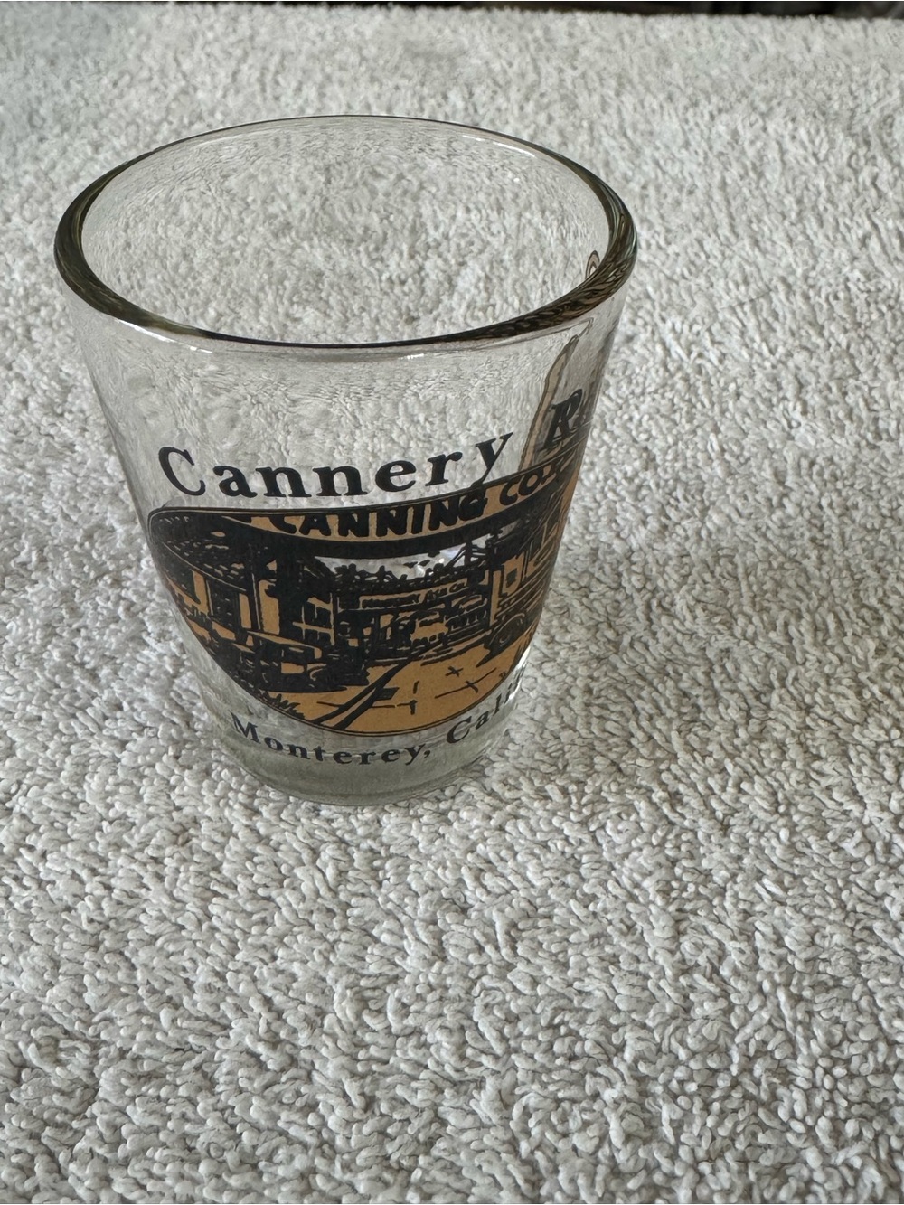 Cannery Row Monterey Souvenir Shot Glass - Black & Gold Print